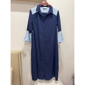 Emilia George Women M Blue Flare Sleeve Maternity Button Midi Michelle Dress 70s